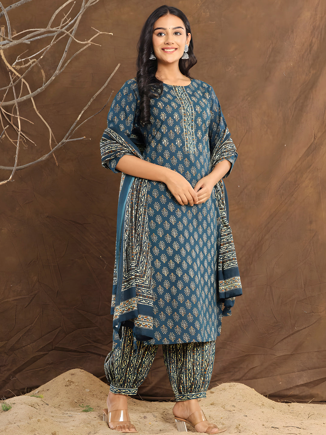 Printed Cotton Straight Kurta With Pant & Dupatta, Blue - Hiral Fashion
