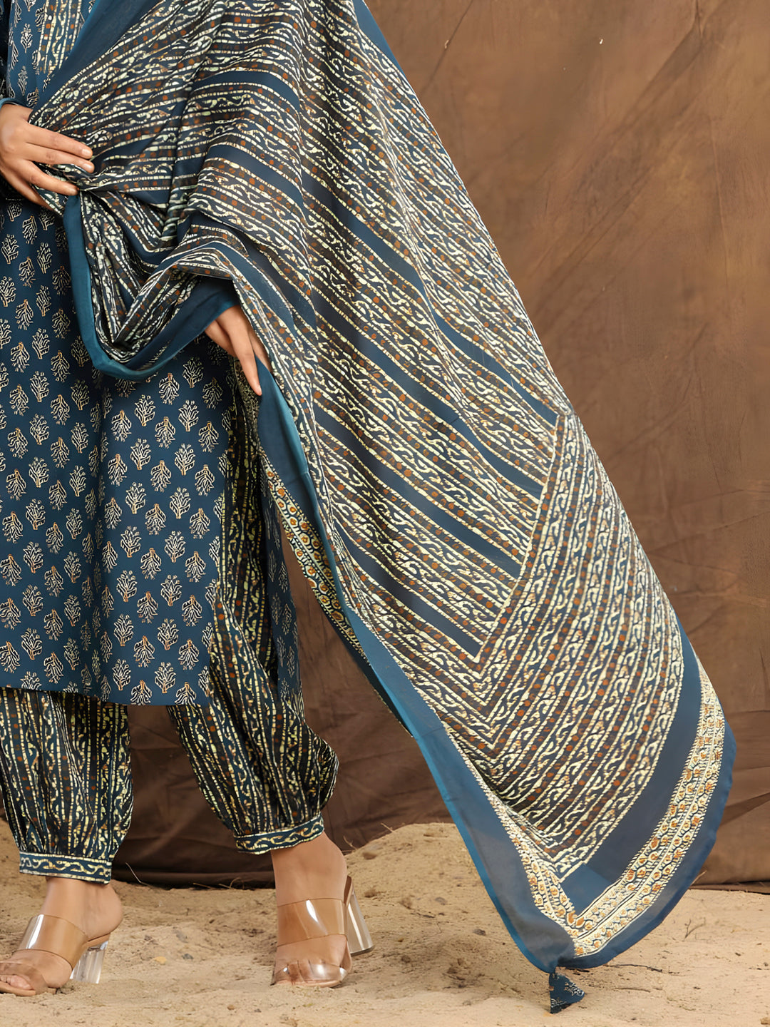 Printed Cotton Straight Kurta With Pant & Dupatta, Blue - Hiral Fashion