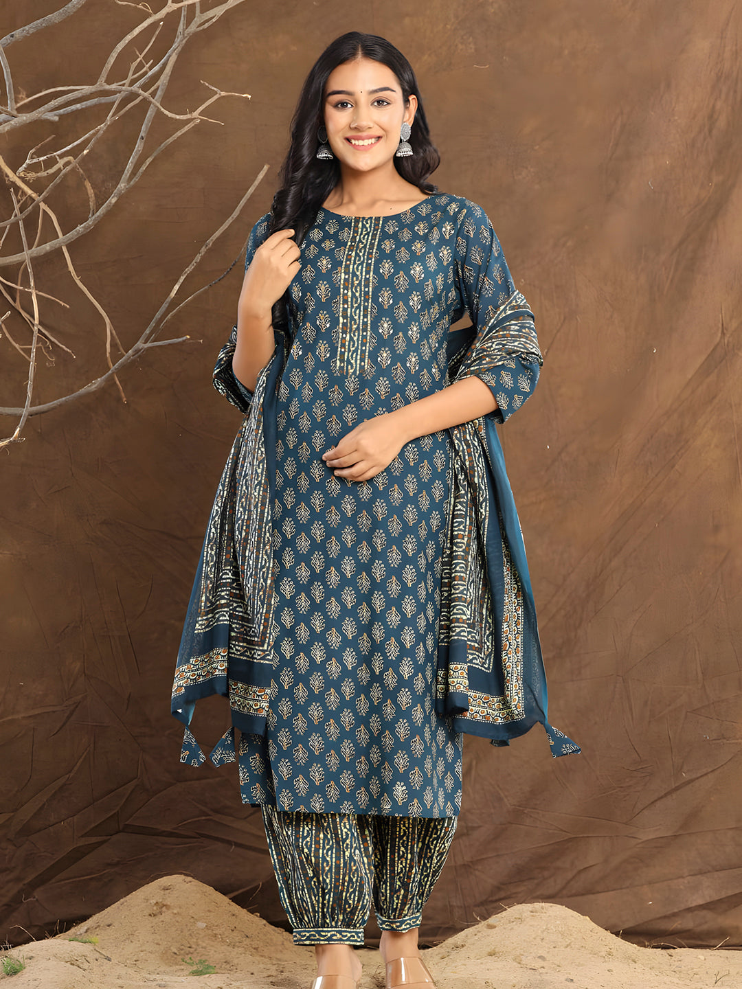 Printed Cotton Straight Kurta With Pant & Dupatta, Blue - Hiral Fashion