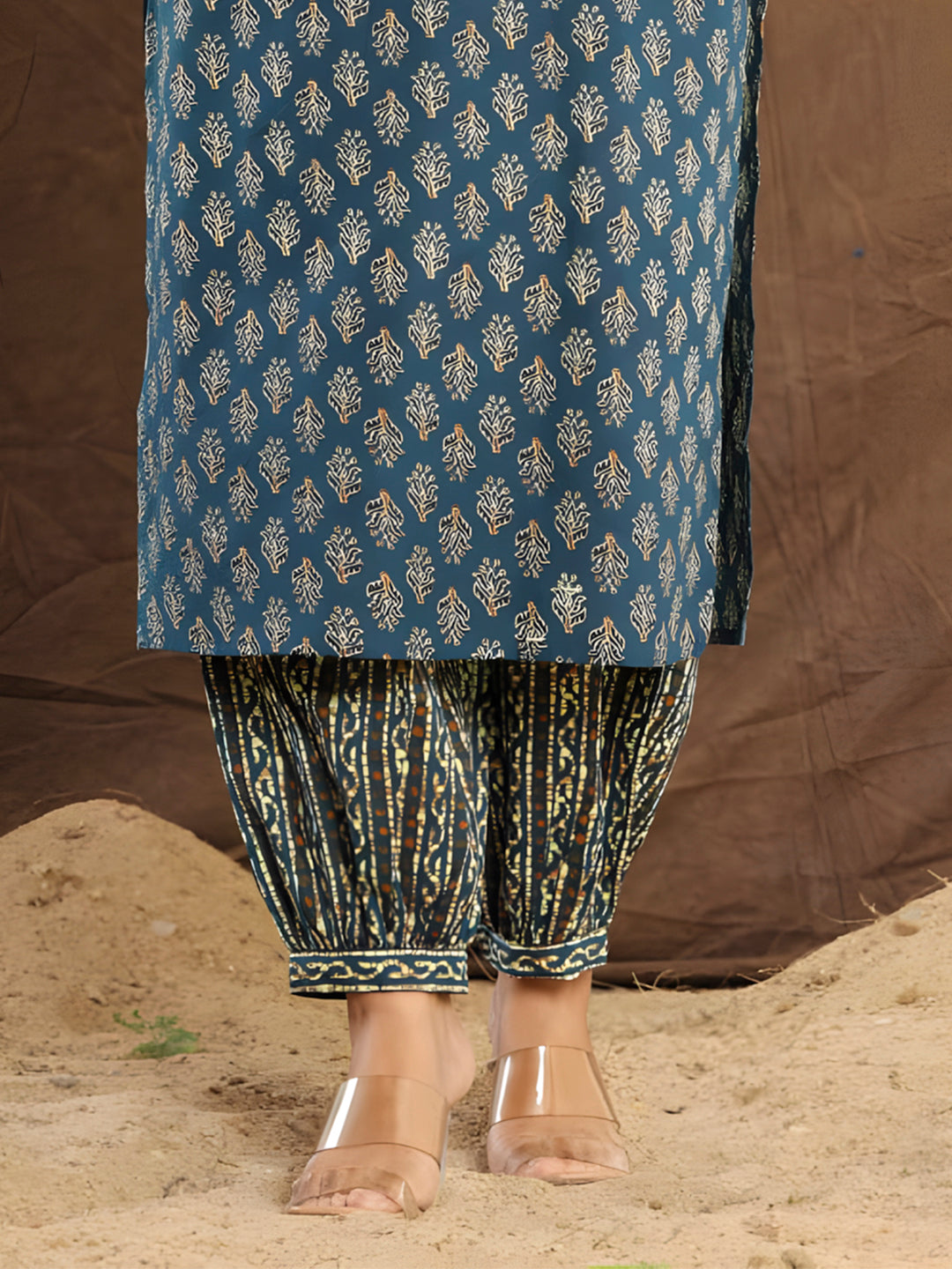Printed Cotton Straight Kurta With Pant & Dupatta, Blue - Hiral Fashion