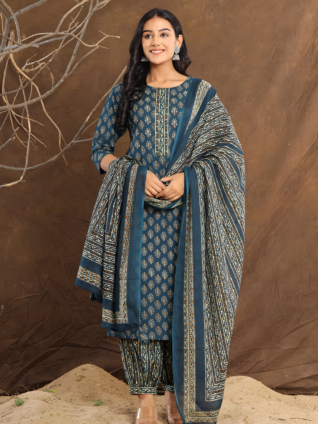 Printed Cotton Straight Kurta With Pant & Dupatta, Blue - Hiral Fashion