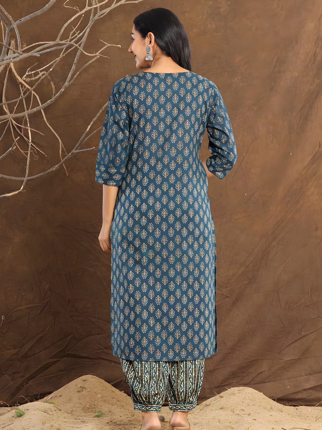 Printed Cotton Straight Kurta With Pant & Dupatta, Blue - Hiral Fashion