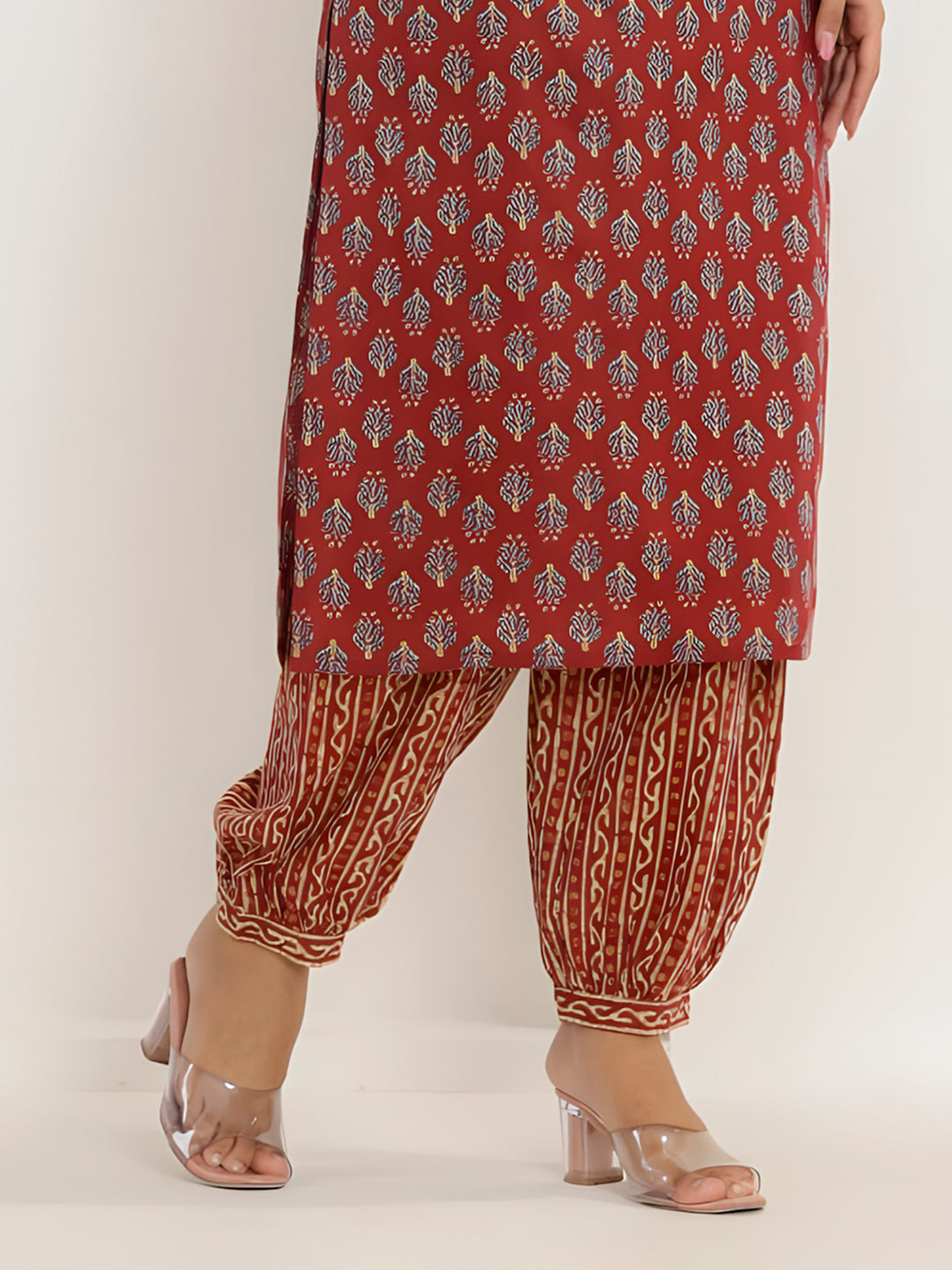 Printed Cotton Straight Kurta With Pant & Dupatta, Rust - Hiral Fashion