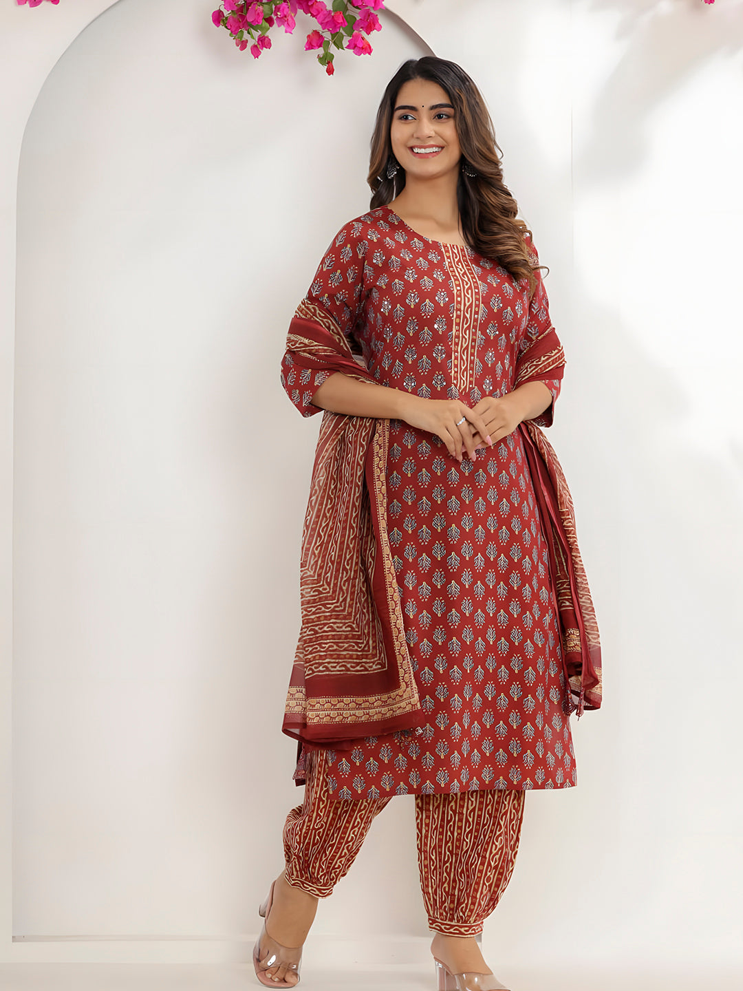 Printed Cotton Straight Kurta With Pant & Dupatta, Rust - Hiral Fashion
