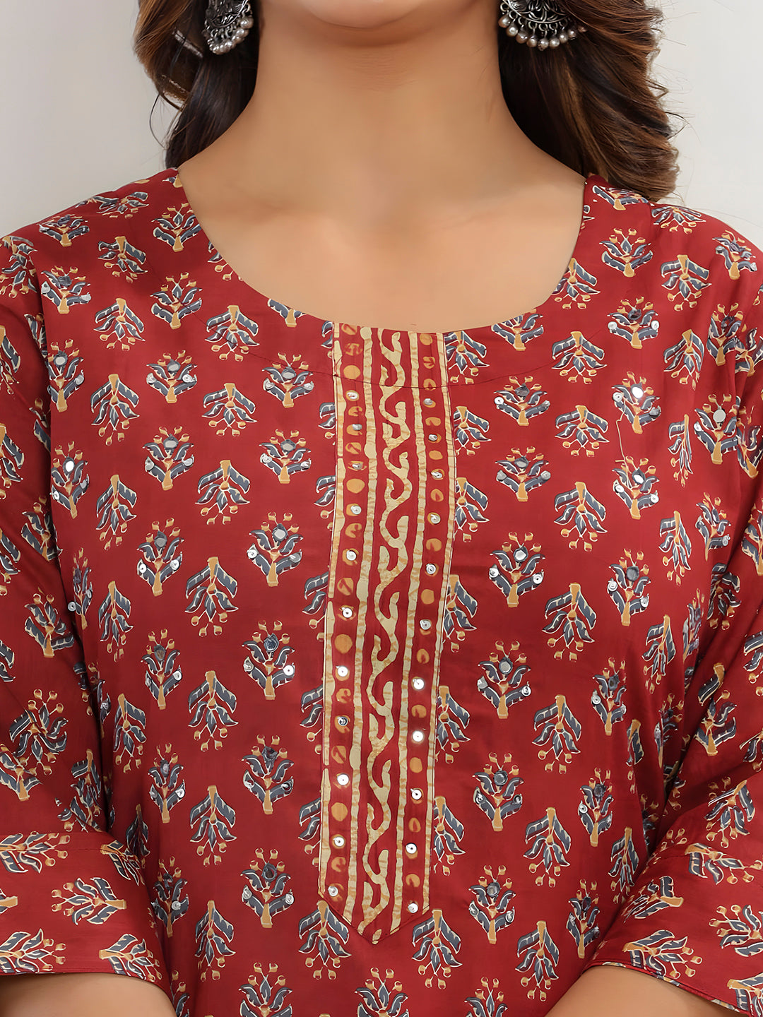 Printed Cotton Straight Kurta With Pant & Dupatta, Rust - Hiral Fashion