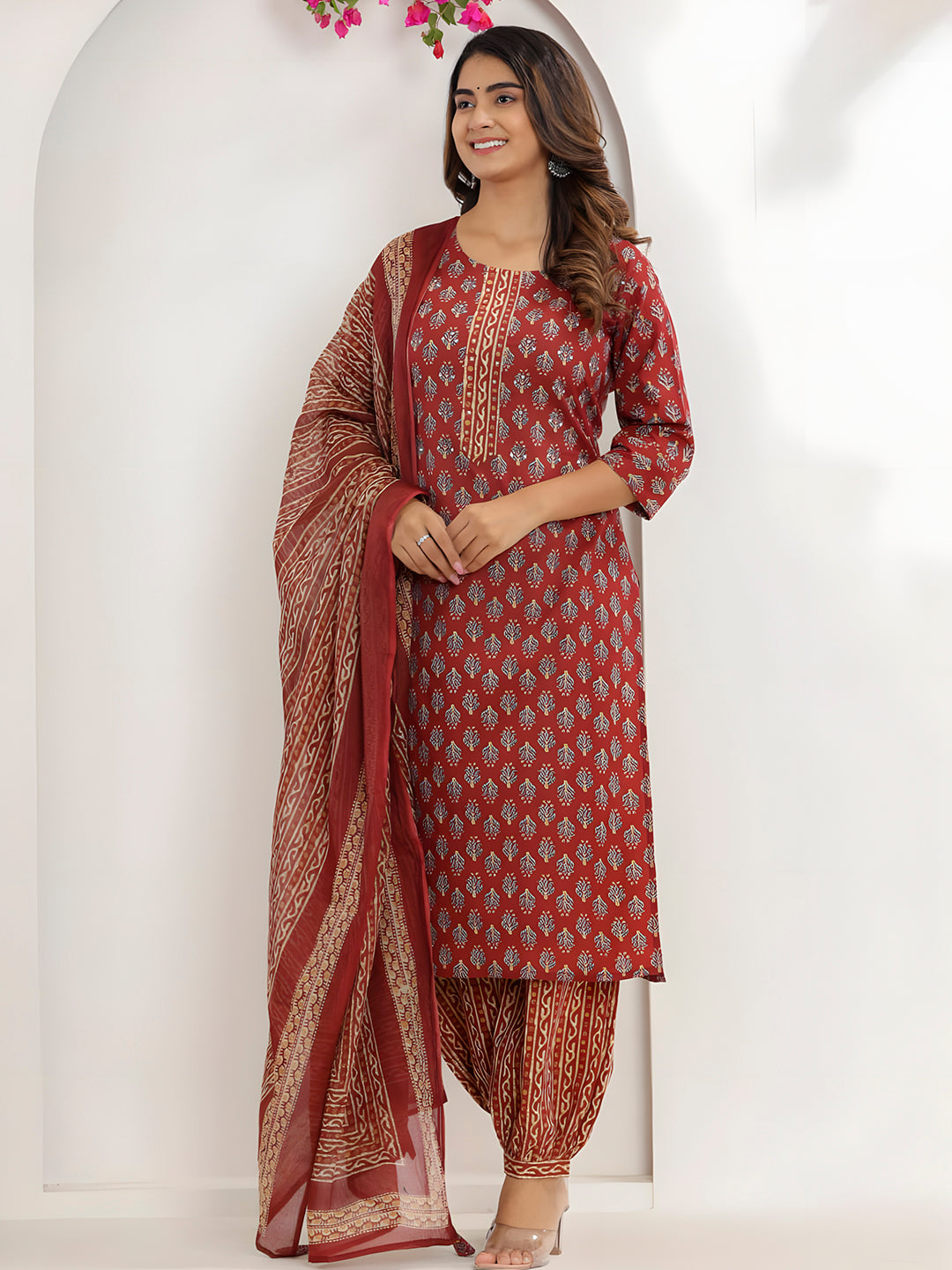 Printed Cotton Straight Kurta With Pant & Dupatta, Rust - Hiral Fashion