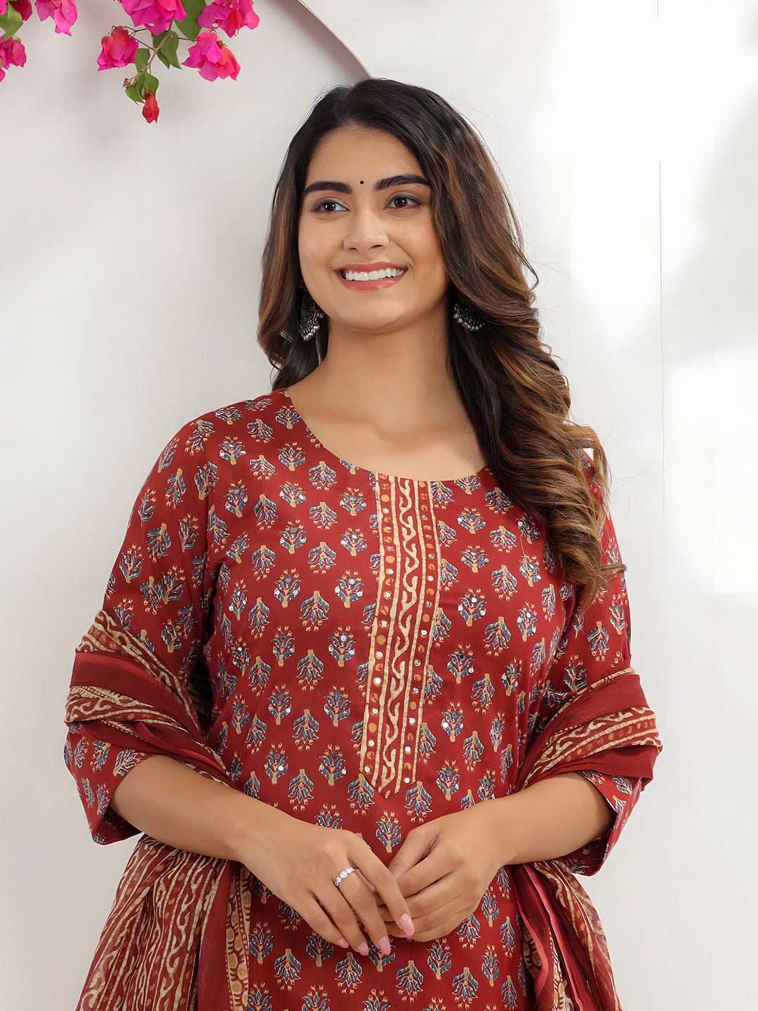 Printed Cotton Straight Kurta With Pant & Dupatta, Rust - Hiral Fashion
