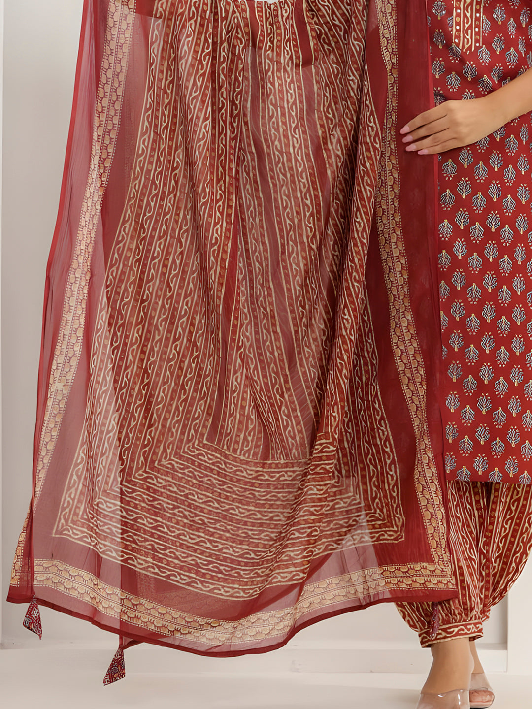 Printed Cotton Straight Kurta With Pant & Dupatta, Rust - Hiral Fashion