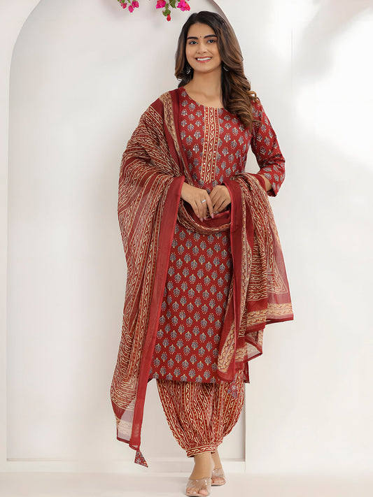 Printed Cotton Straight Kurta With Pant & Dupatta, Rust - Hiral Fashion