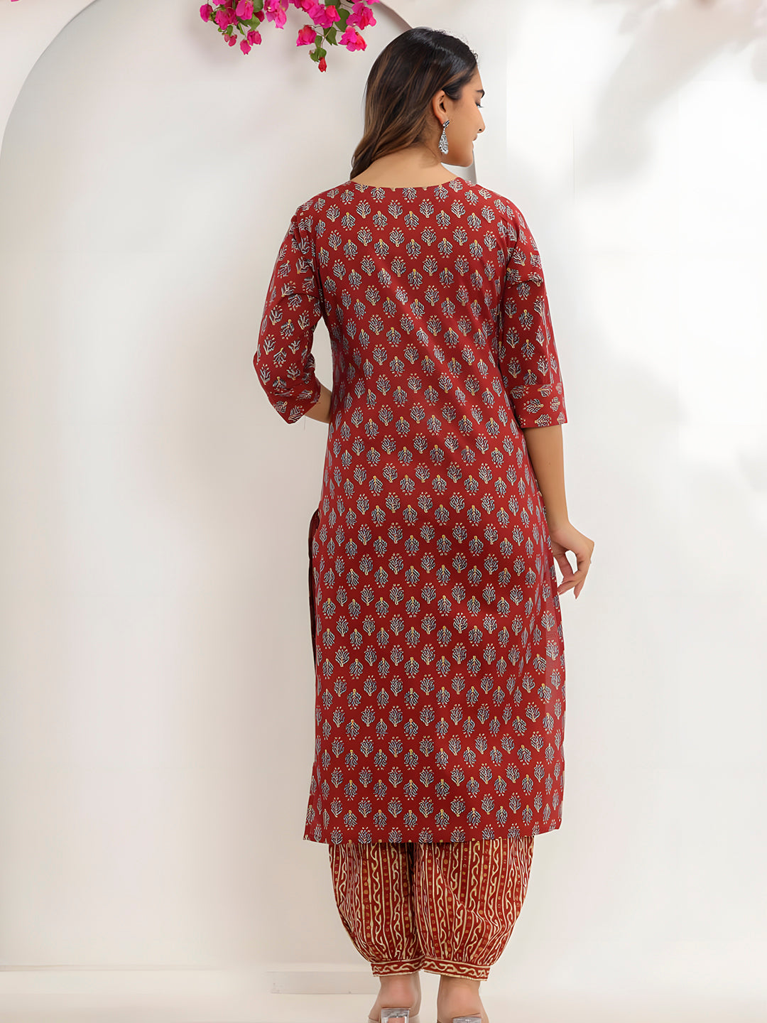 Printed Cotton Straight Kurta With Pant & Dupatta, Rust - Hiral Fashion
