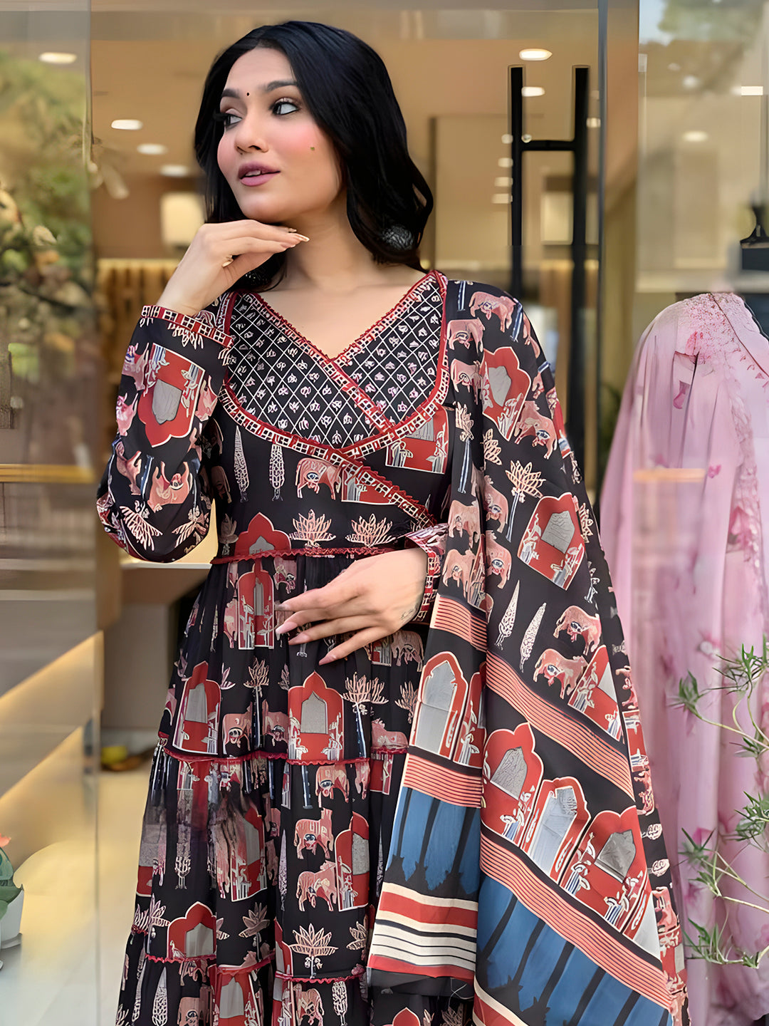 Printed Designer Neck Flared Anarkali Kurta With Pant & Dupatta, Black - Hiral Fashion