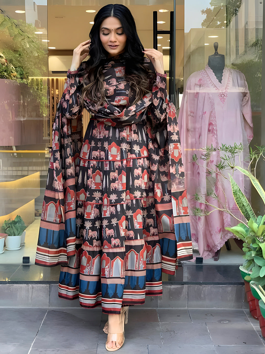 Printed Designer Neck Flared Anarkali Kurta With Pant & Dupatta, Black - Hiral Fashion