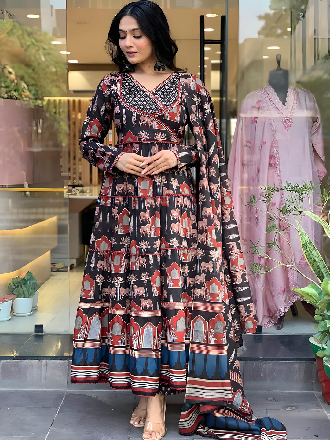 Printed Designer Neck Flared Anarkali Kurta With Pant & Dupatta, Black - Hiral Fashion