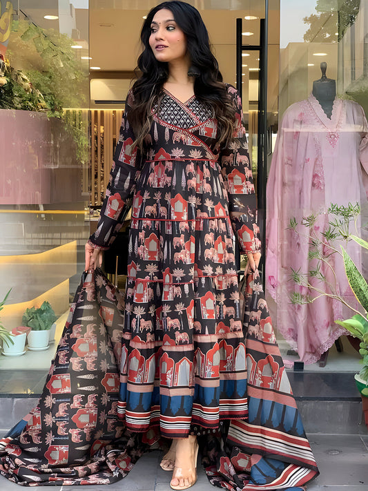 Printed Designer Neck Flared Anarkali Kurta With Pant & Dupatta, Black - Hiral Fashion