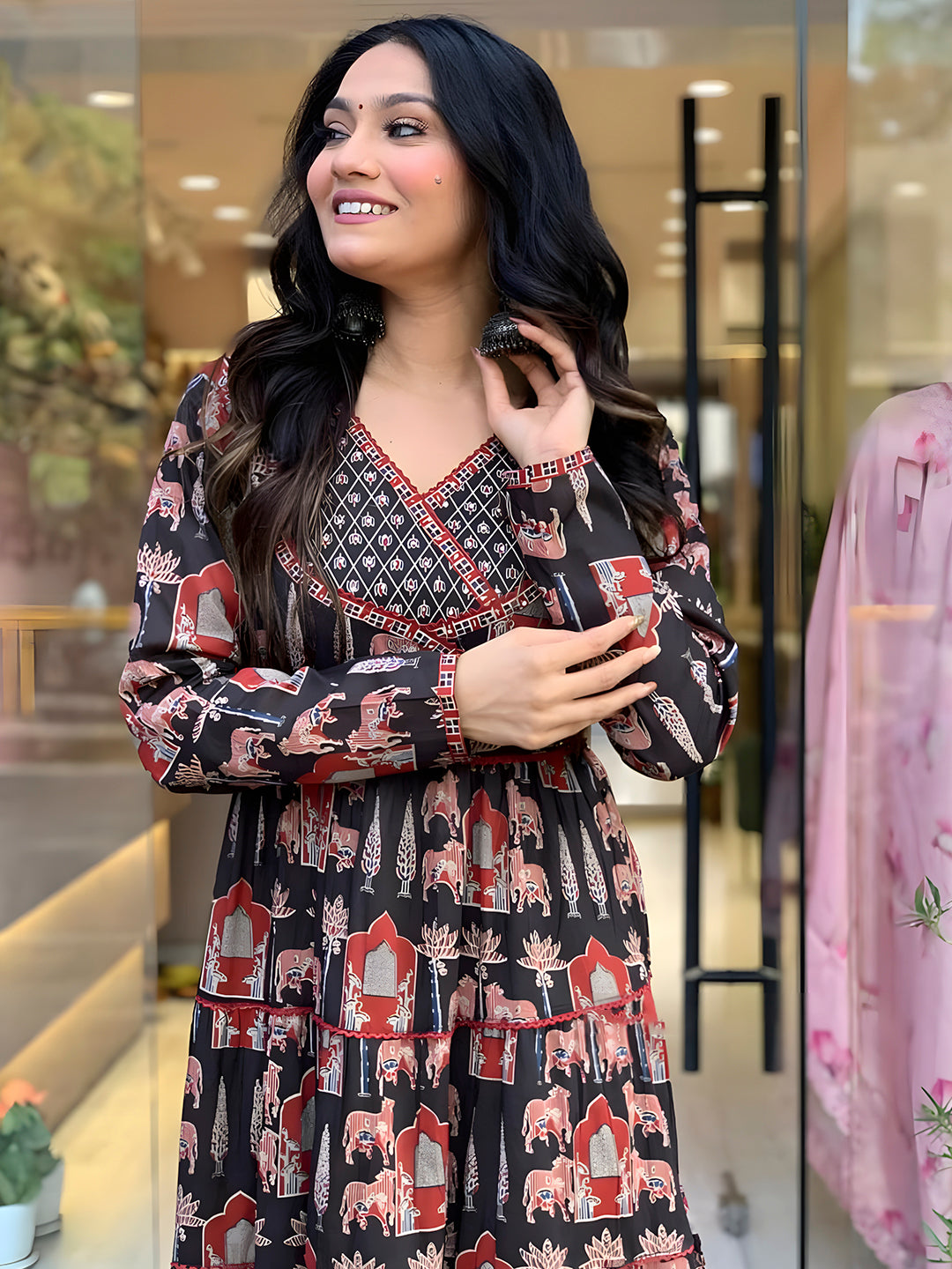 Printed Designer Neck Flared Anarkali Kurta With Pant & Dupatta, Black - Hiral Fashion