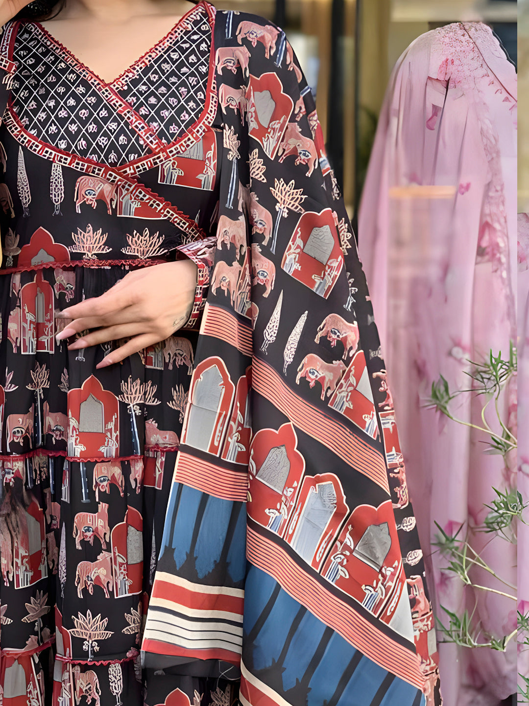 Printed Designer Neck Flared Anarkali Kurta With Pant & Dupatta, Black - Hiral Fashion
