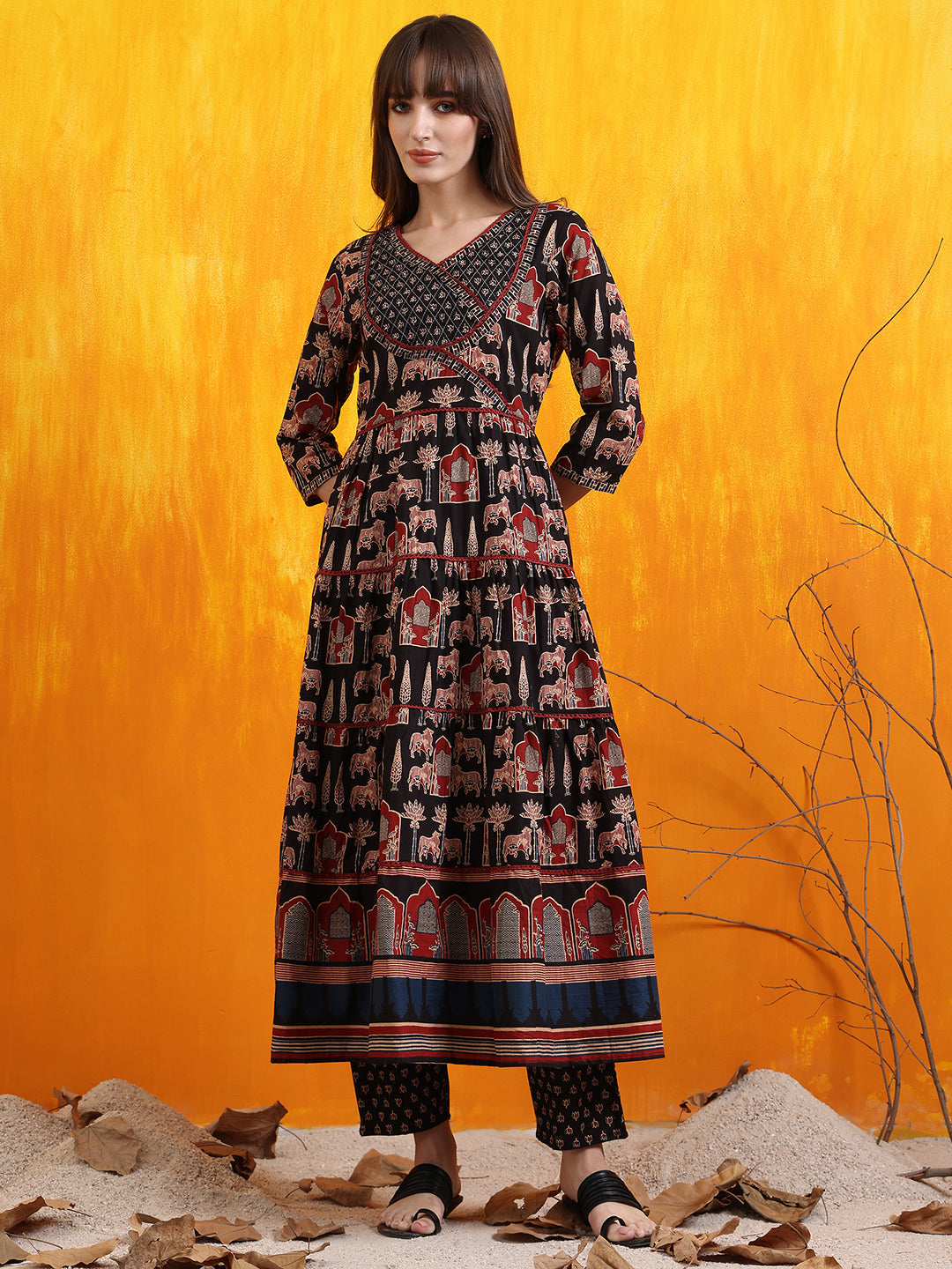 Printed Designer Neck Flared Anarkali Kurta With Pant & Dupatta, Black - Hiral Fashion