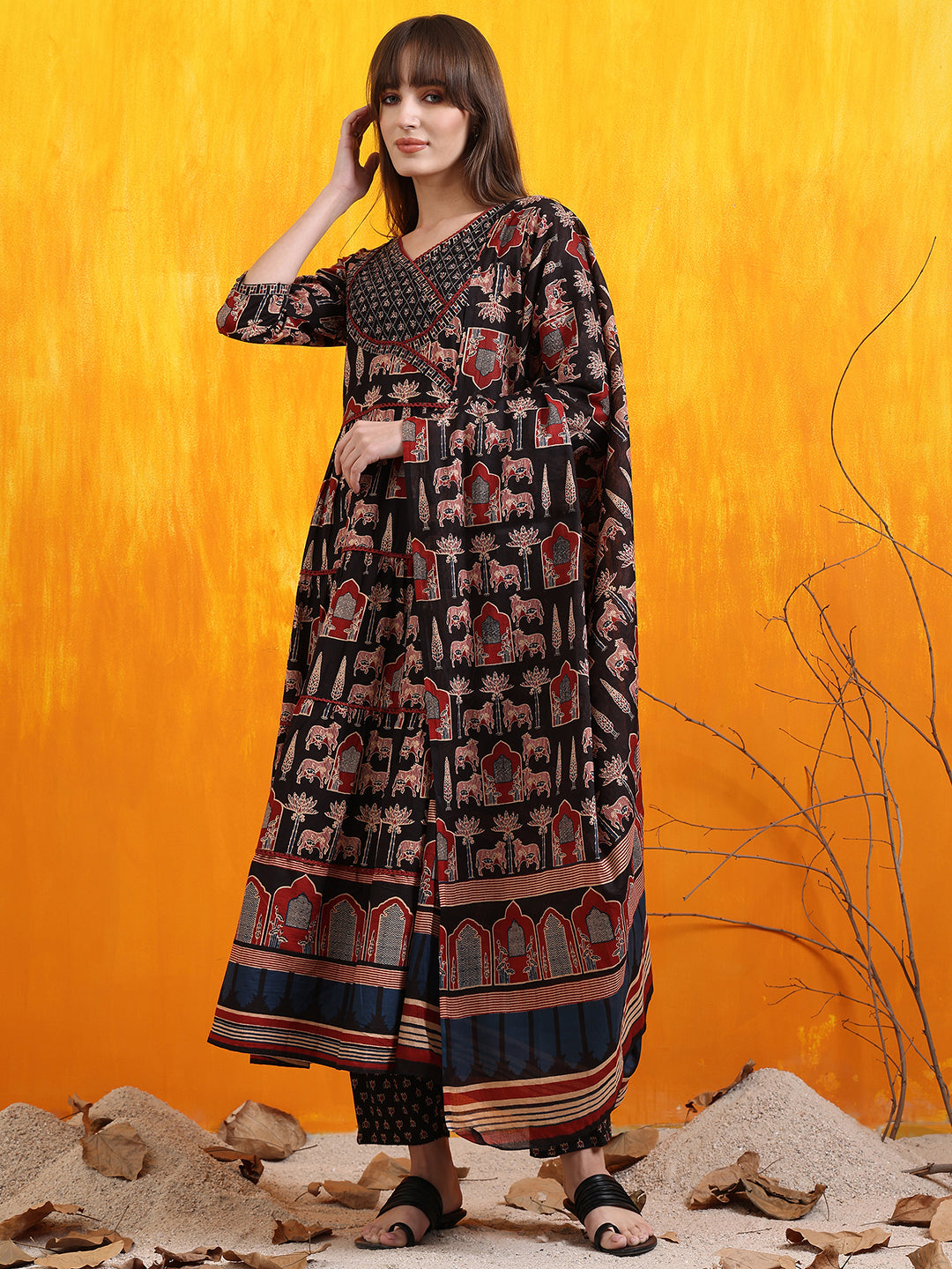 Printed Designer Neck Flared Anarkali Kurta With Pant & Dupatta, Black - Hiral Fashion