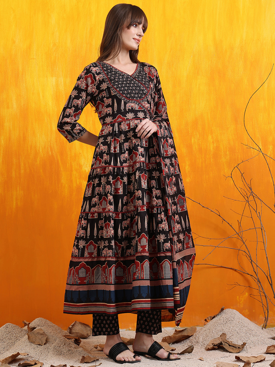 Printed Designer Neck Flared Anarkali Kurta With Pant & Dupatta, Black - Hiral Fashion