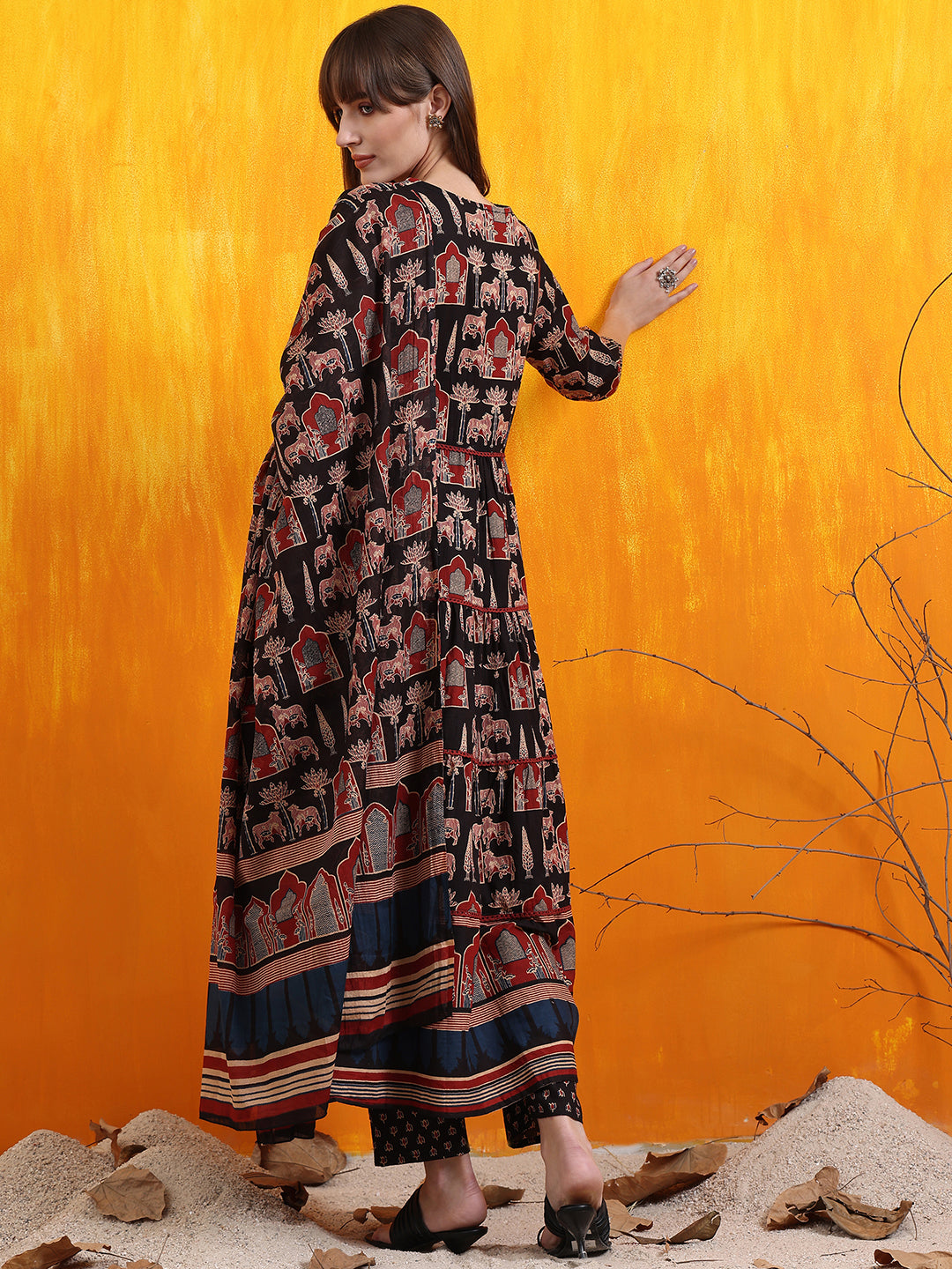 Printed Designer Neck Flared Anarkali Kurta With Pant & Dupatta, Black - Hiral Fashion