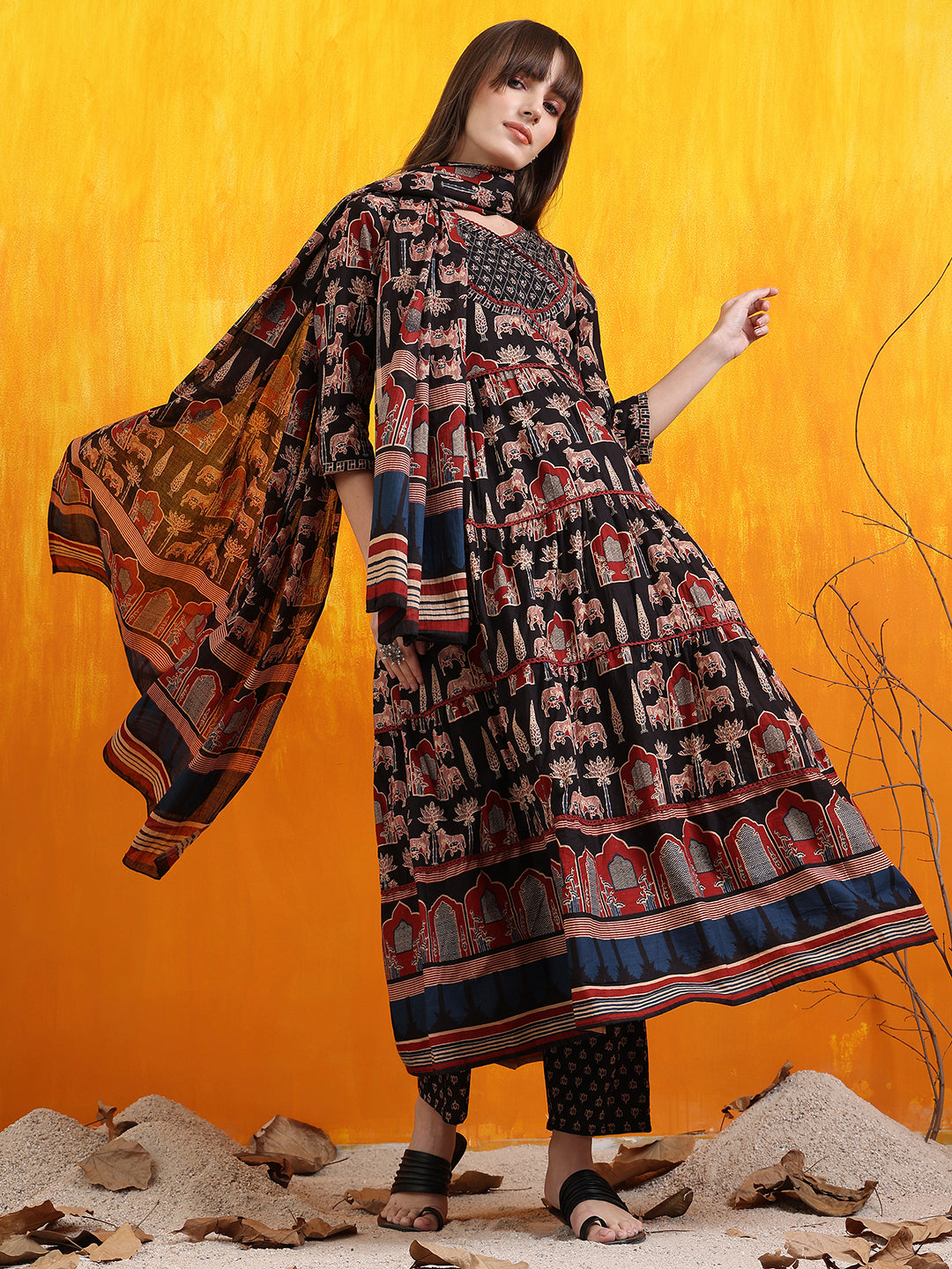 Printed Designer Neck Flared Anarkali Kurta With Pant & Dupatta, Black - Hiral Fashion
