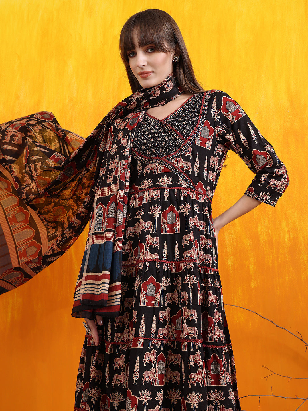 Printed Designer Neck Flared Anarkali Kurta With Pant & Dupatta, Black - Hiral Fashion