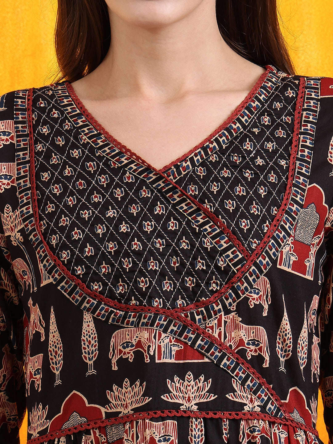 Printed Designer Neck Flared Anarkali Kurta With Pant & Dupatta, Black - Hiral Fashion