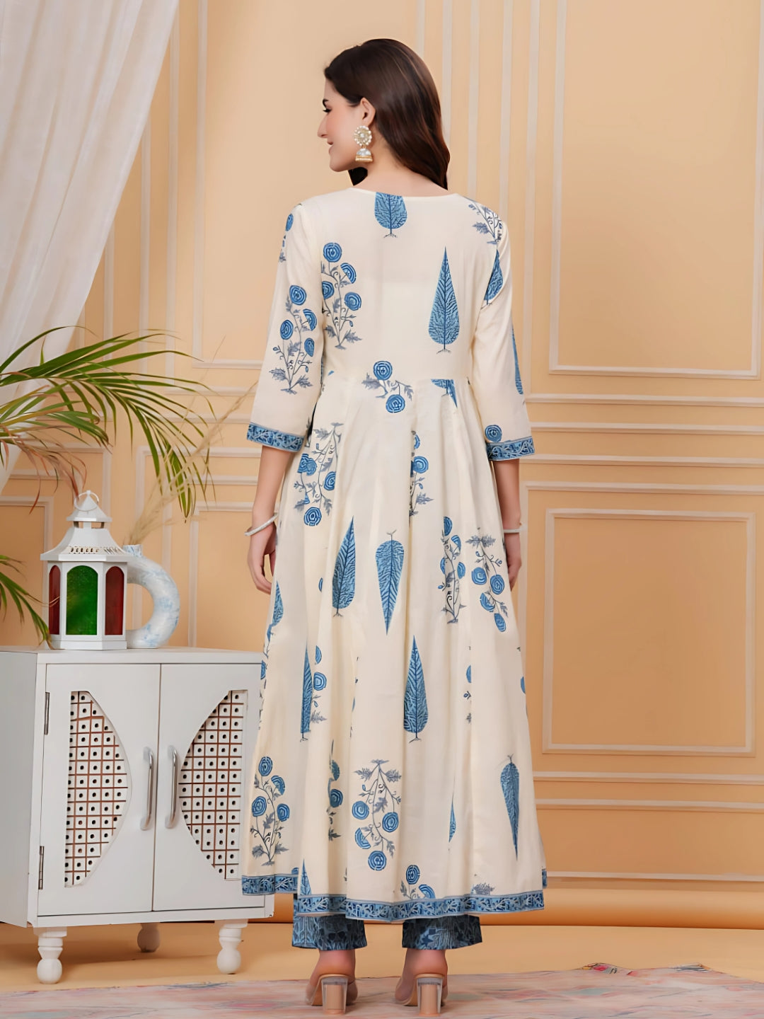 Printed Designer Neck Flared Anarkali Kurta With Pant & Dupatta, Aqua-Blue - Hiral Fashion