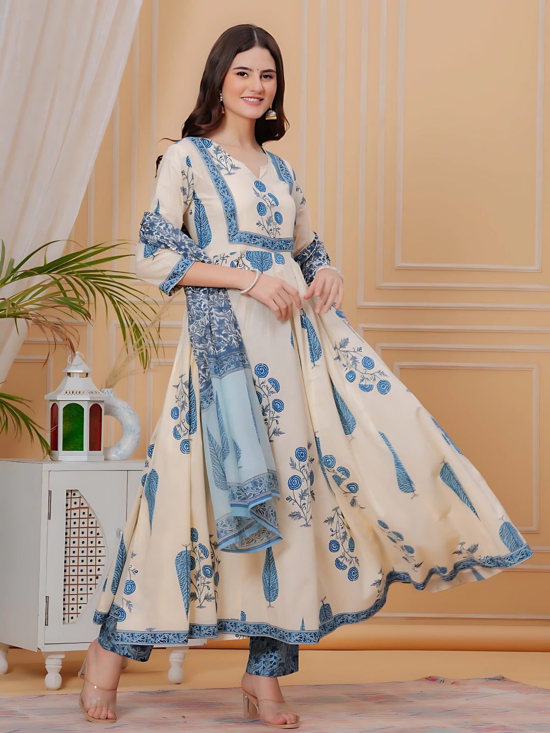 Printed Designer Neck Flared Anarkali Kurta With Pant & Dupatta, Aqua-Blue - Hiral Fashion