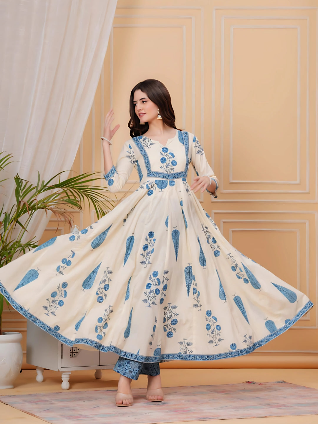 Printed Designer Neck Flared Anarkali Kurta With Pant & Dupatta, Aqua-Blue - Hiral Fashion
