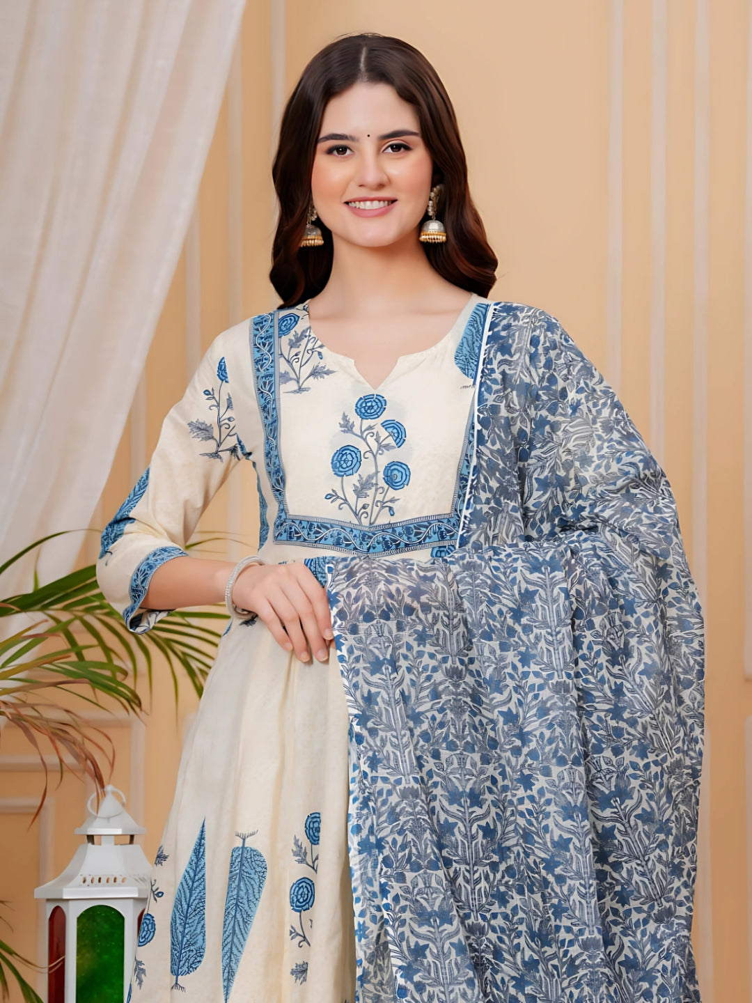 Printed Designer Neck Flared Anarkali Kurta With Pant & Dupatta, Aqua-Blue - Hiral Fashion
