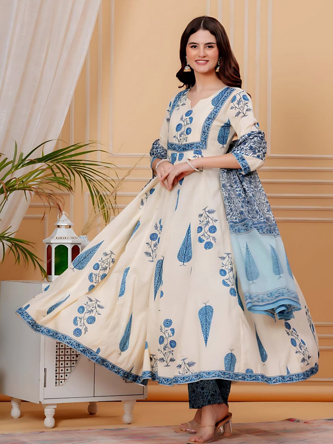 Printed Designer Neck Flared Anarkali Kurta With Pant & Dupatta, Aqua-Blue - Hiral Fashion