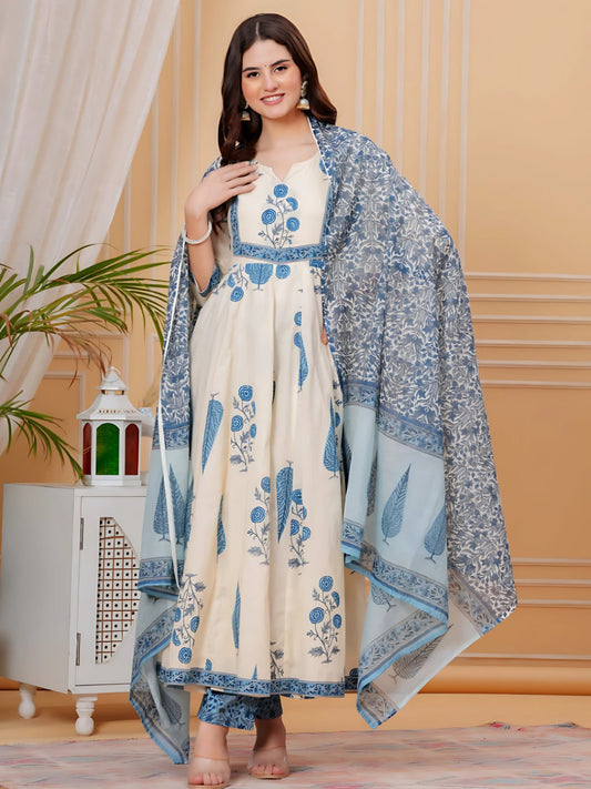 Printed Designer Neck Flared Anarkali Kurta With Pant & Dupatta, Aqua-Blue - Hiral Fashion