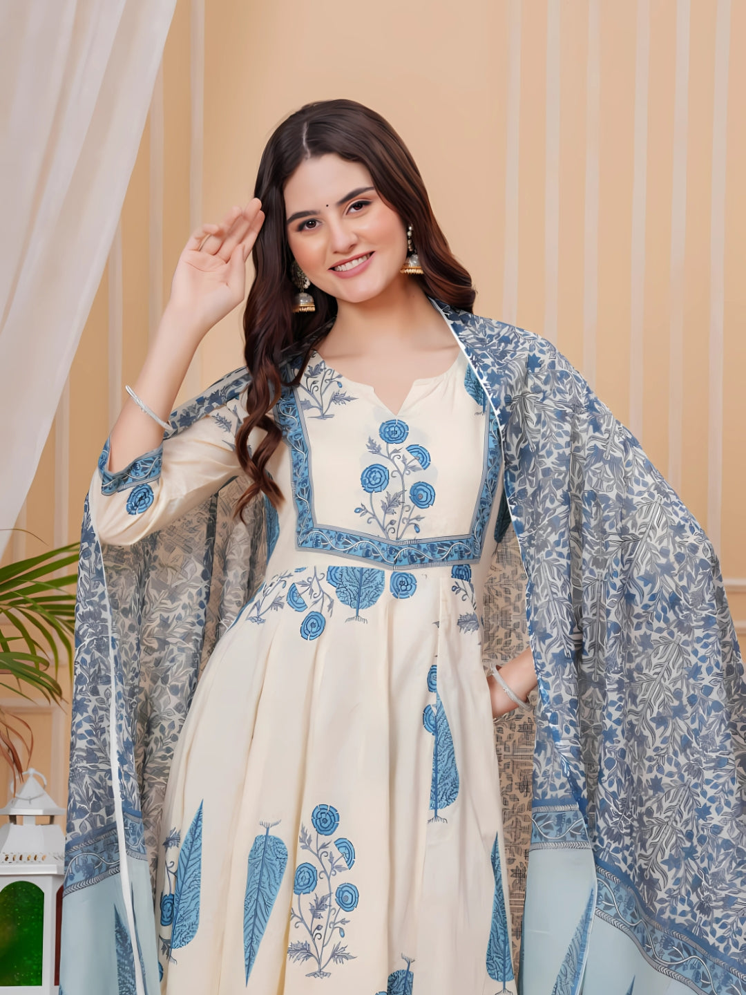 Printed Designer Neck Flared Anarkali Kurta With Pant & Dupatta, Aqua-Blue - Hiral Fashion