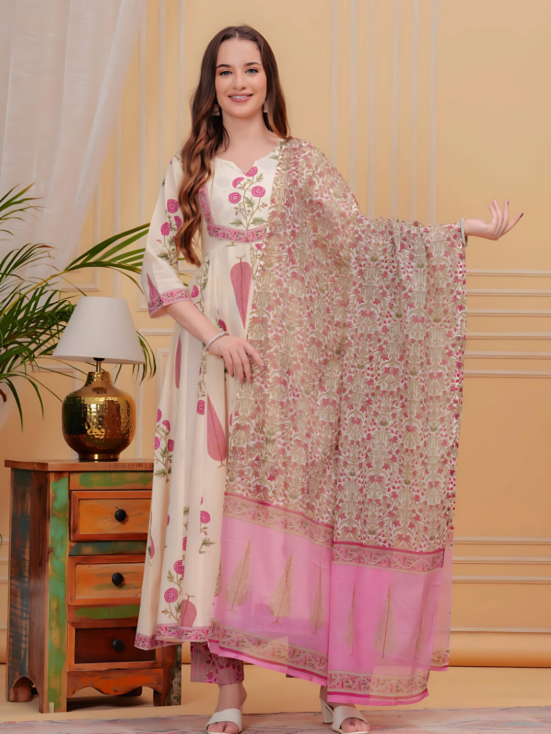 Printed Designer Neck Flared Anarkali Kurta With Pant & Dupatta, Pink - Hiral Fashion