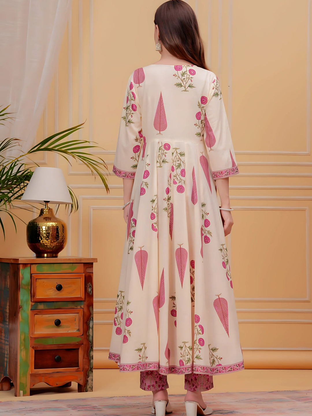 Printed Designer Neck Flared Anarkali Kurta With Pant & Dupatta, Pink - Hiral Fashion