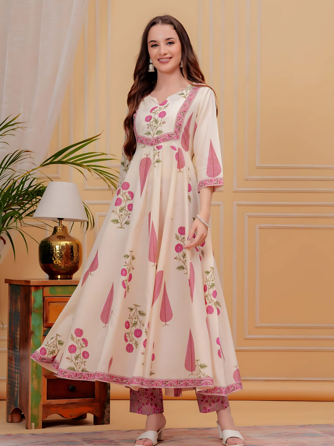 Printed Designer Neck Flared Anarkali Kurta With Pant & Dupatta, Pink - Hiral Fashion
