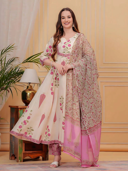 Printed Designer Neck Flared Anarkali Kurta With Pant & Dupatta, Pink - Hiral Fashion