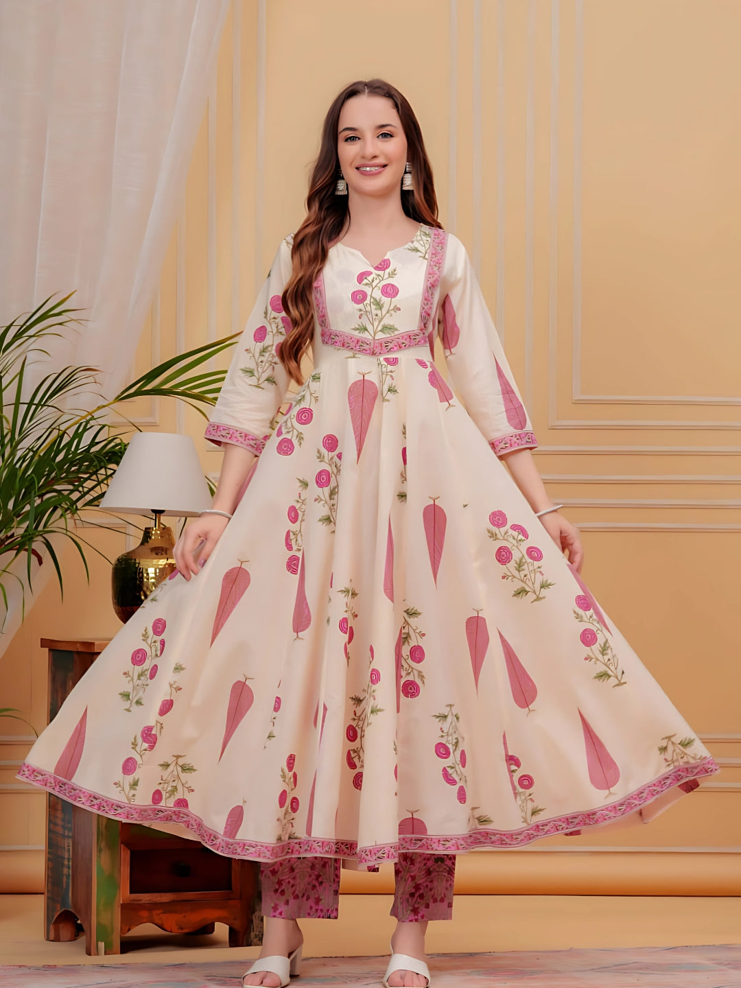 Printed Designer Neck Flared Anarkali Kurta With Pant & Dupatta, Pink - Hiral Fashion