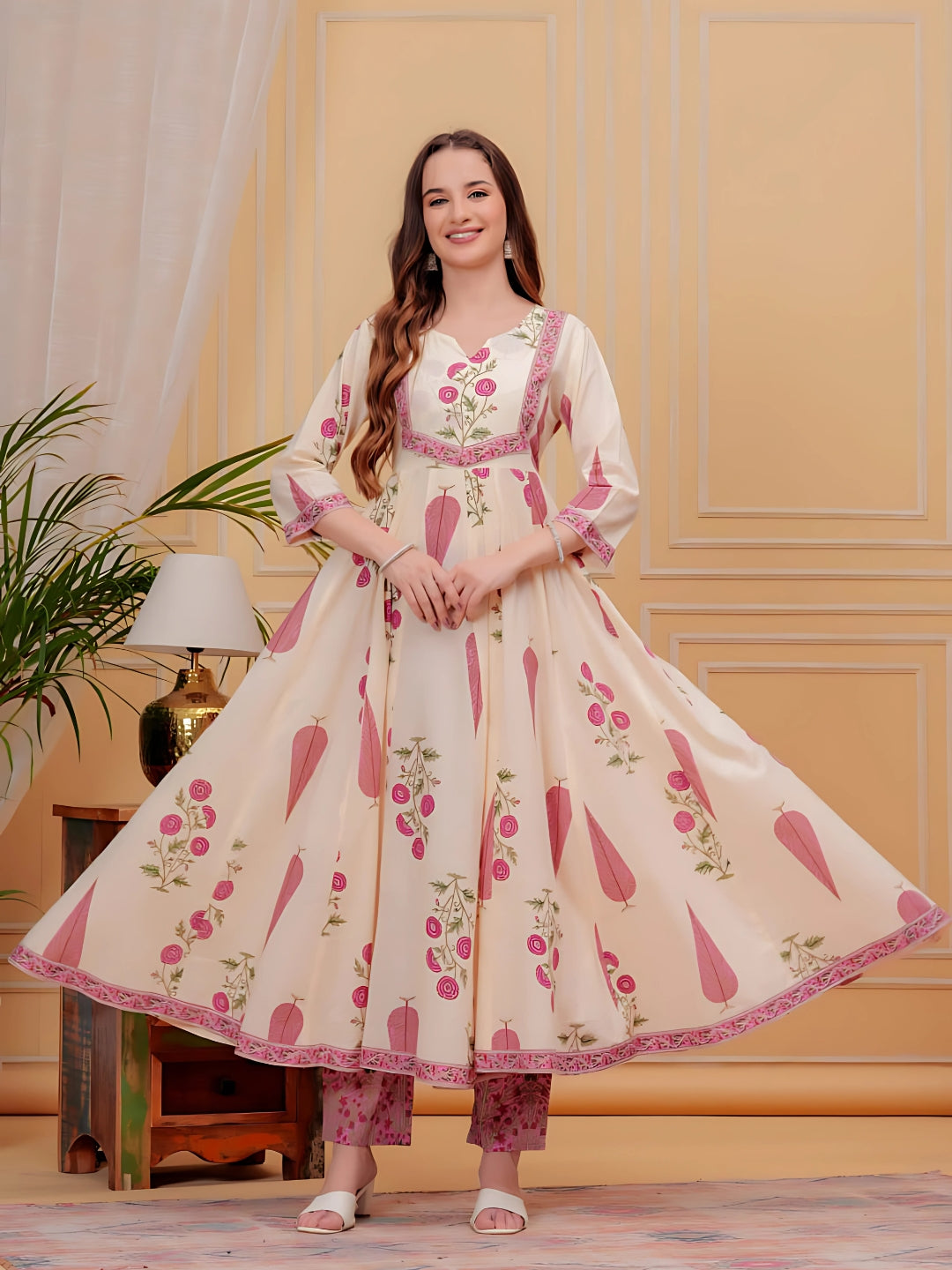 Printed Designer Neck Flared Anarkali Kurta With Pant & Dupatta, Pink - Hiral Fashion