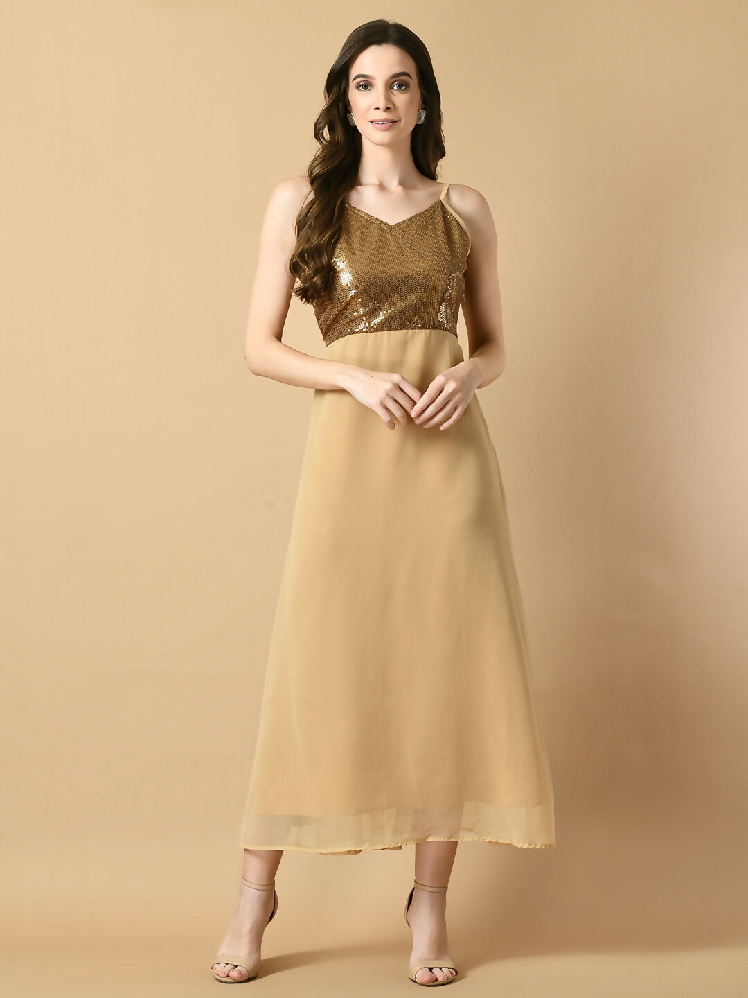 Myshka Women's Beige Solid Georgette Party Dress