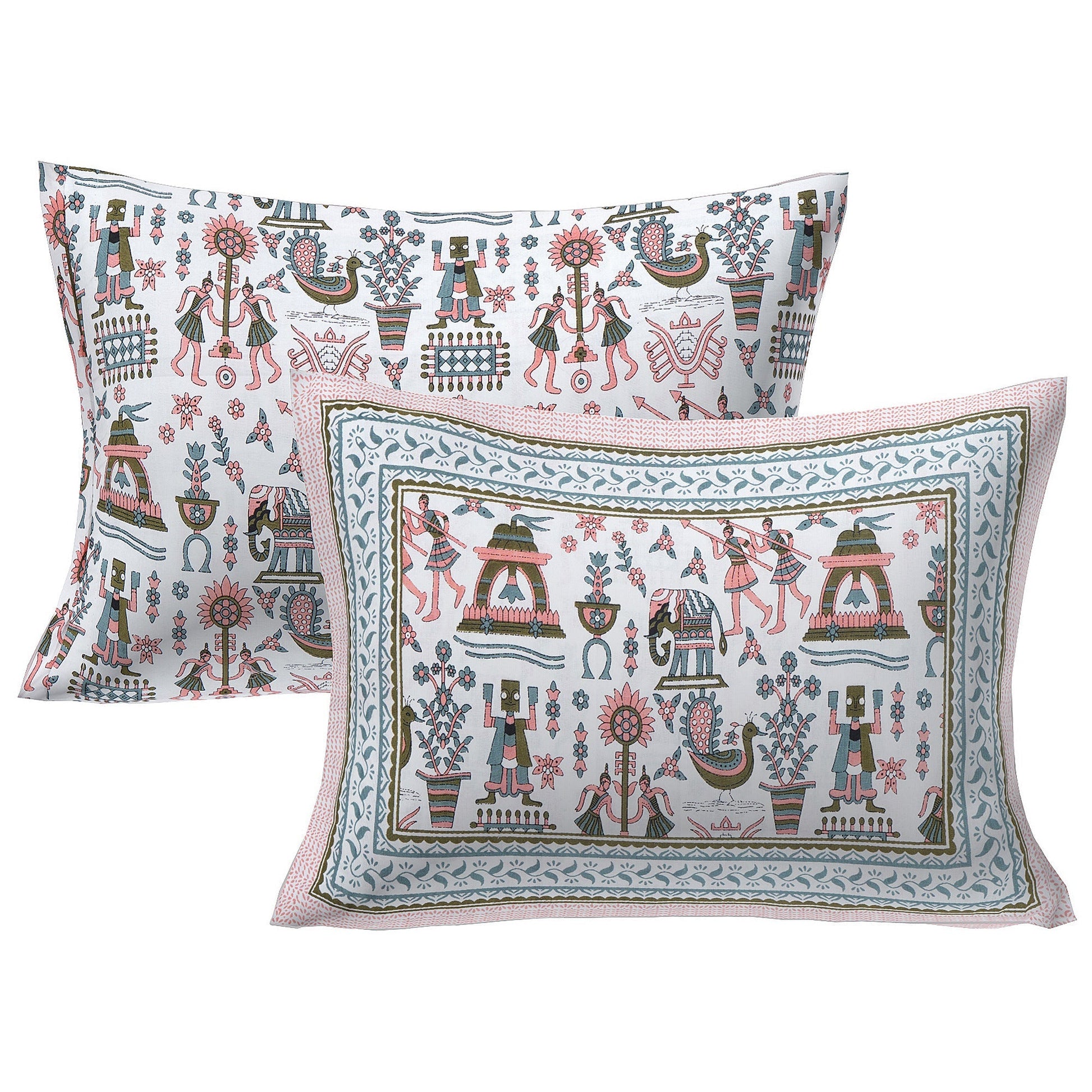 Rudra Bazaar Orange Turquise 210 TC Cotton Double King Bedsheet With 2 Pillow Covers