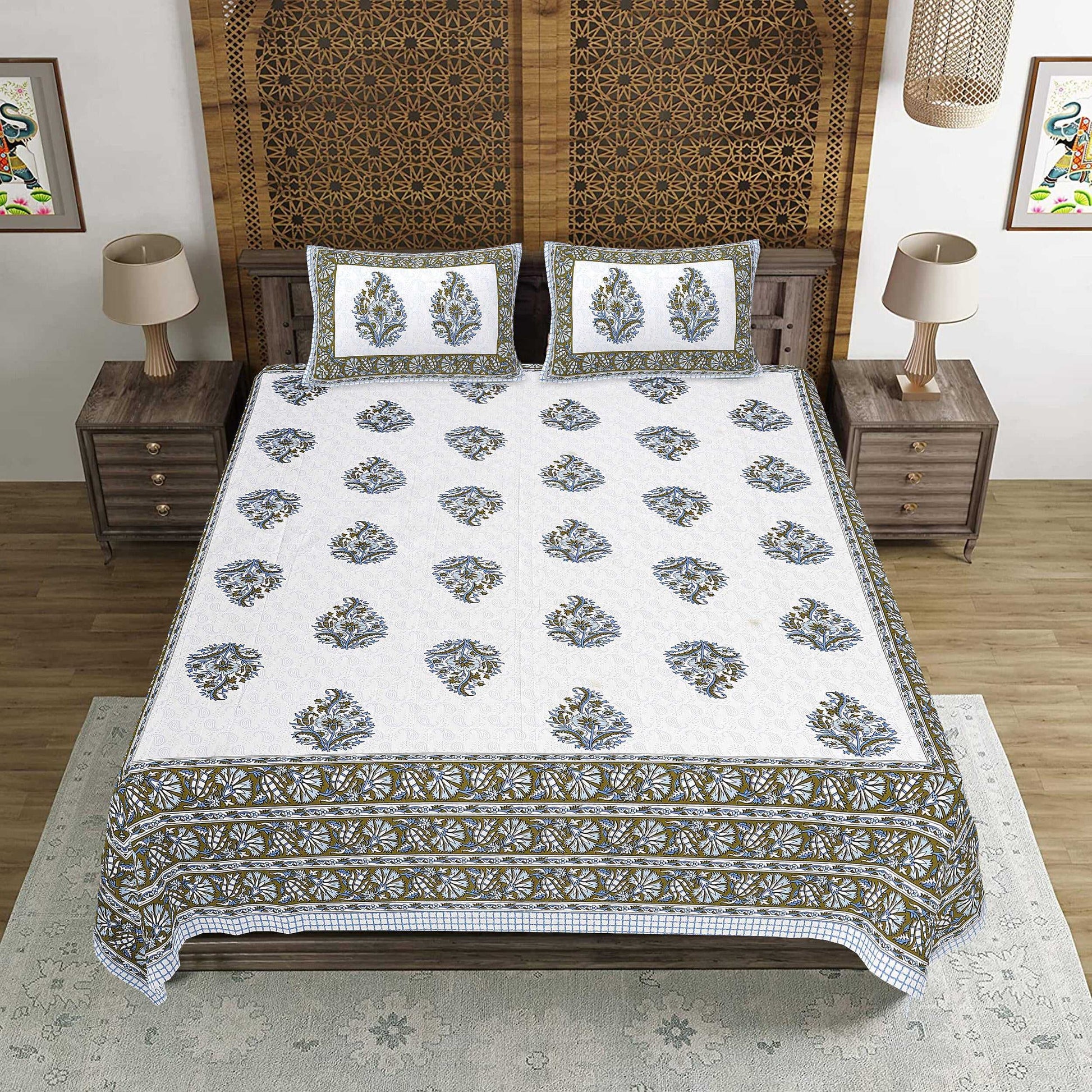 Rudra Bazaar Blue Green 210 TC Cotton Double King Bedsheet With 2 Pillow Covers