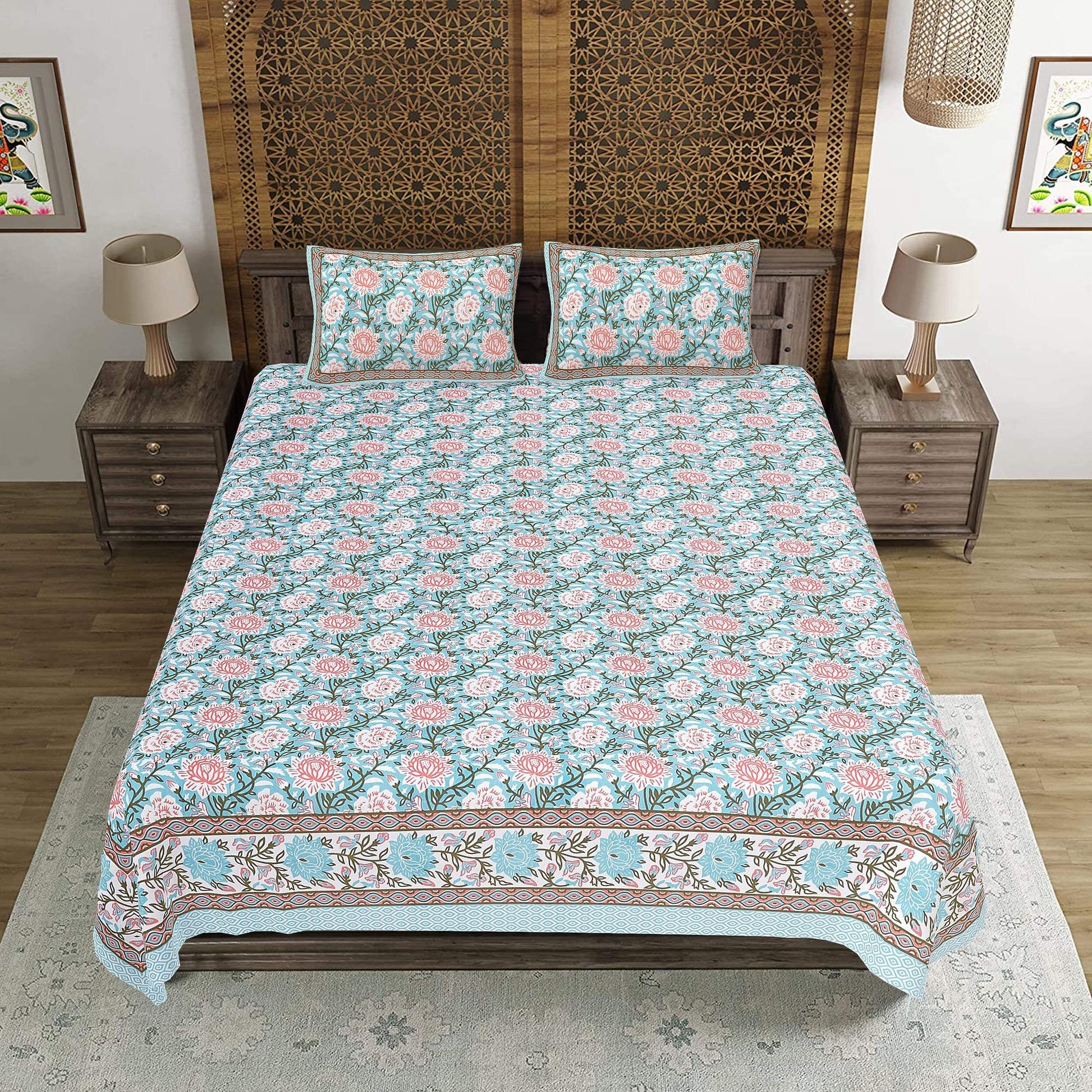 Rudra Bazaar Blue 210 TC Cotton Double King Bedsheet With 2 Pillow Covers