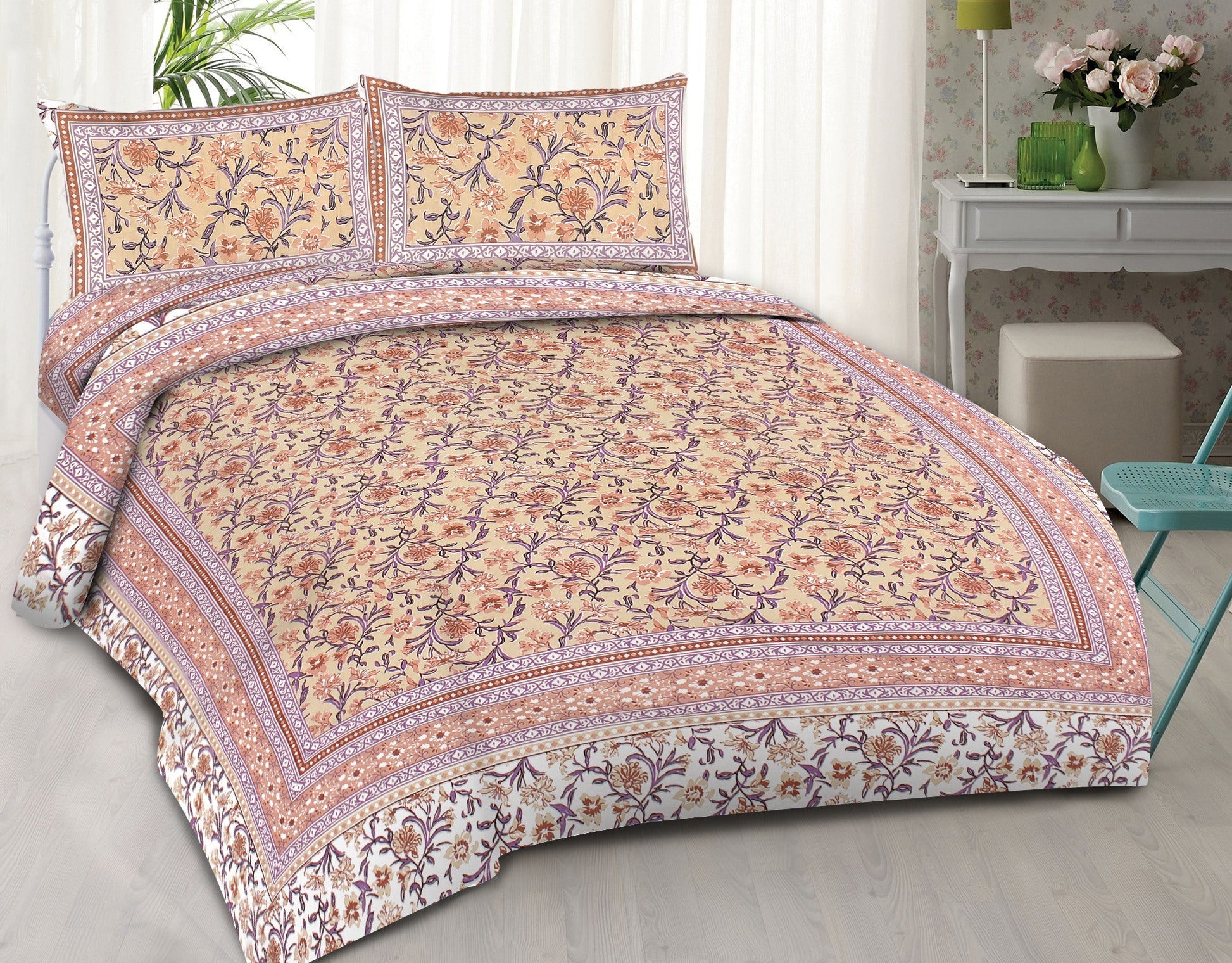 Rudra Bazaar Brown 210 TC Cotton Double King Bedsheet With 2 Pillow Covers