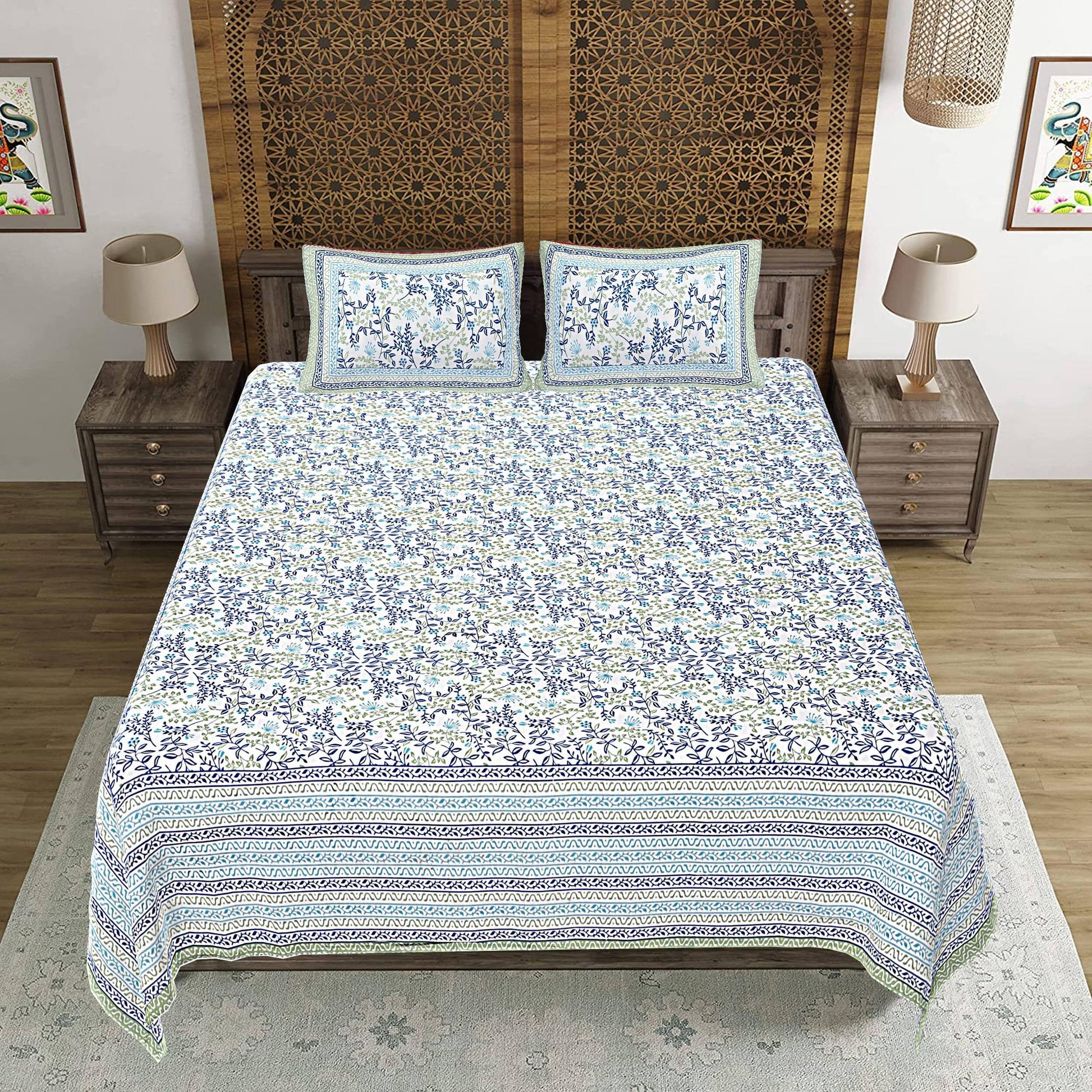 Rudra Bazaar Green 210 TC Cotton Double King Bedsheet With 2 Pillow Covers