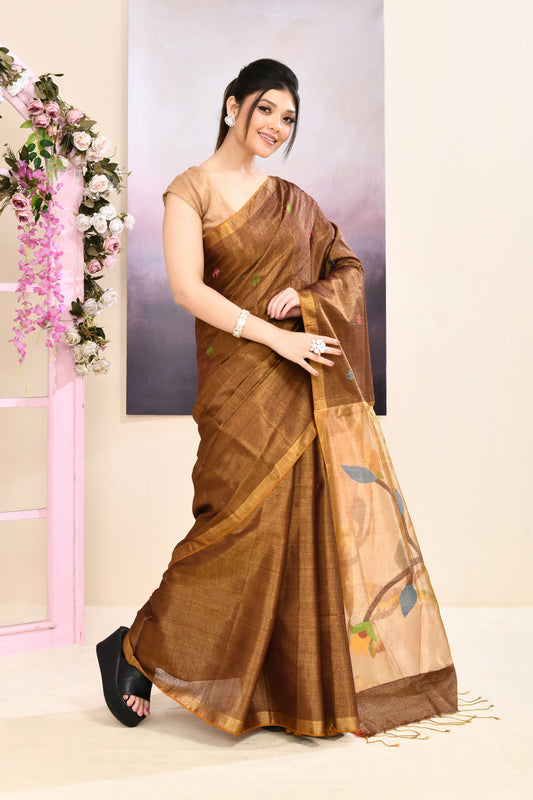 Piyari Fashion Women's Brown Embellished Tissue Jamdani Saree
