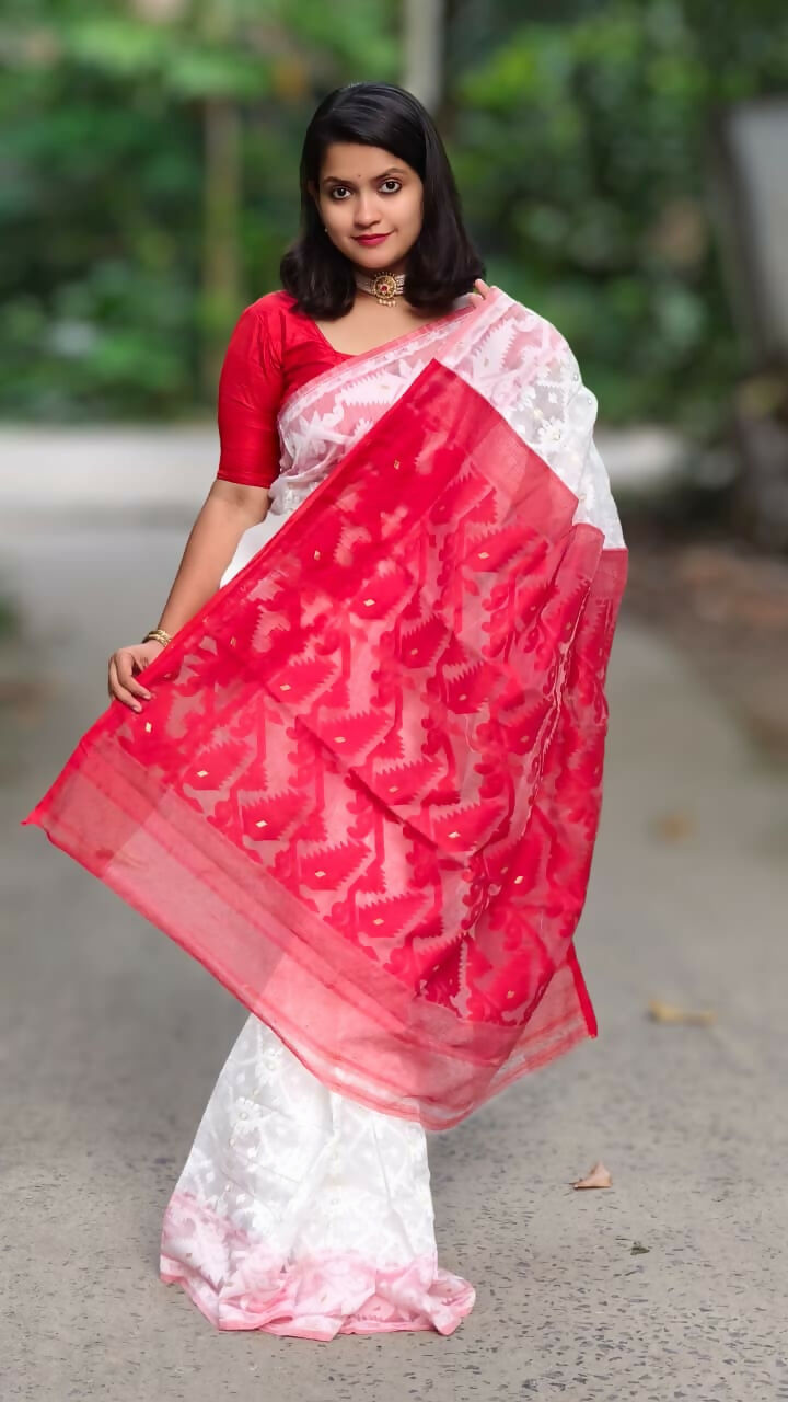 Exclusive Collection White Red White Red Jamdani Grab2Buy 