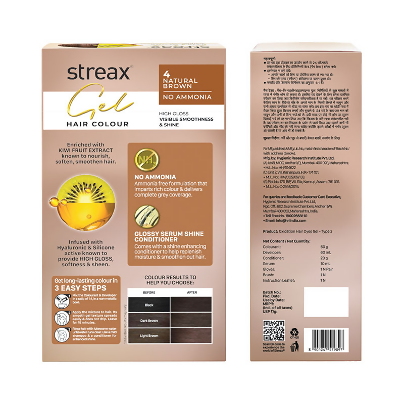 Streax Gel No Ammonia 100% Grey Coverage Hair Color - Natural Brown 4 