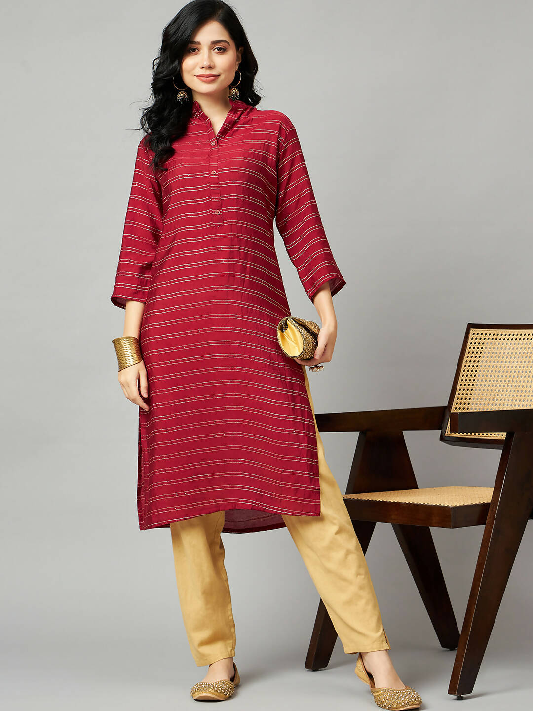Red Poly Cotton Texture Straight Kurta - Sabella